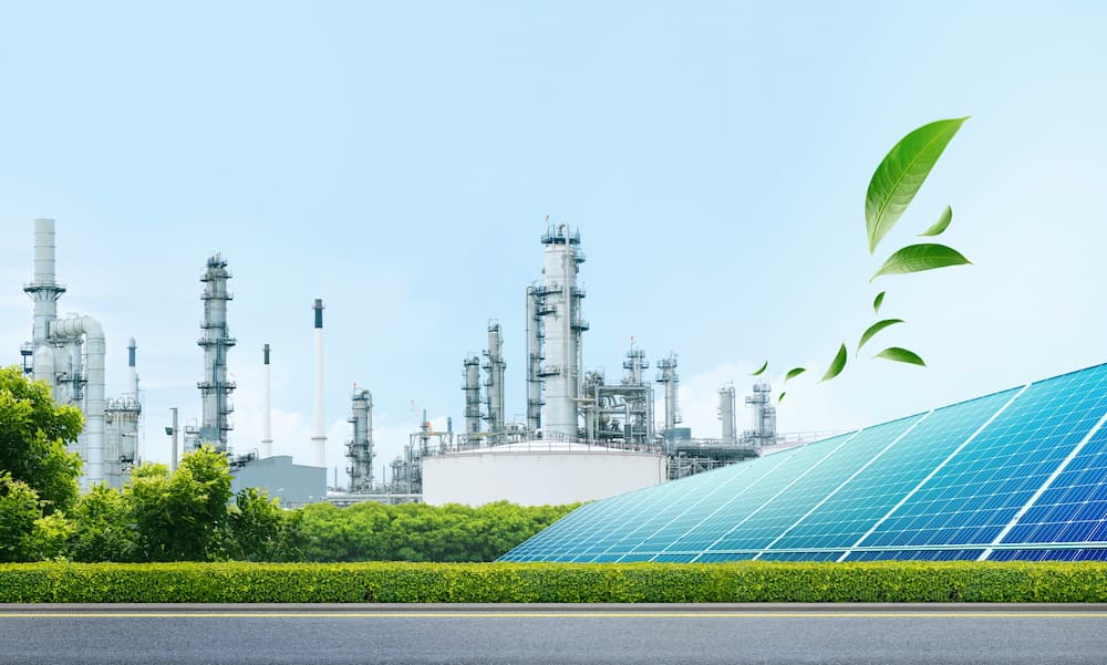 Industrial factory and solar panels, showing the benefits of solar energy for businesses in 2026.