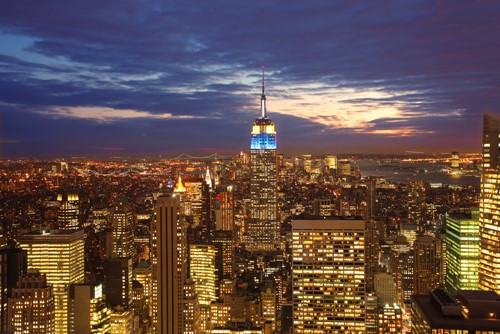 New York skyline aerial photo during the late evening when all the lights are on in the city
